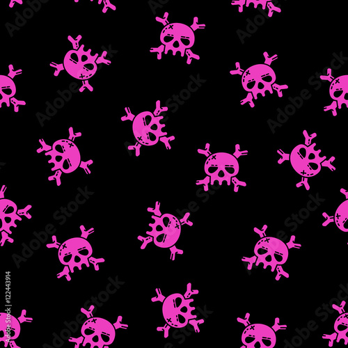 Vector pink skulls and bones on black background.