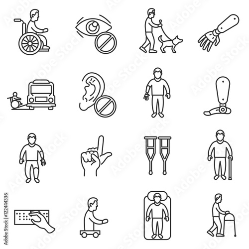 disability icons set, line style. assistance to disabled people isolated symbols collection. people with disabilities vector linear illustration