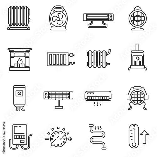 heaters icons set, line style. heating appliances isolated symbols collection. devices for heating homes vector linear illustration