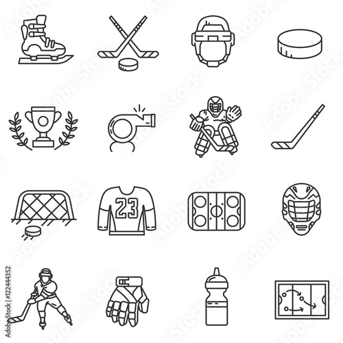 hockey icons set, line style. hockey attributes isolated symbols collection. vector linear illustration