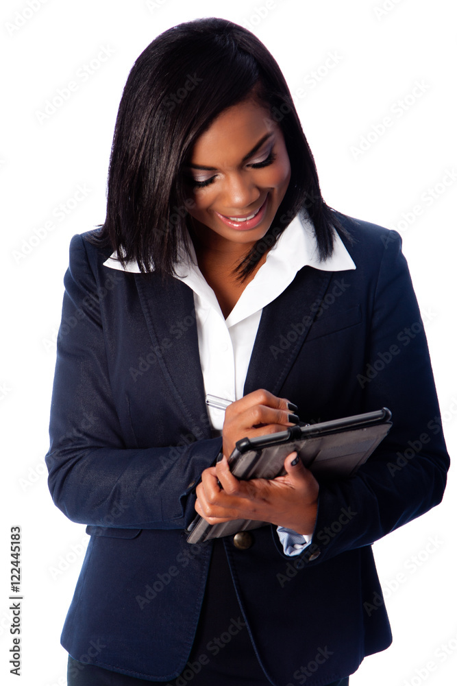 Happy business woman writing on digital tablet Happy business woman writing on digital tablet