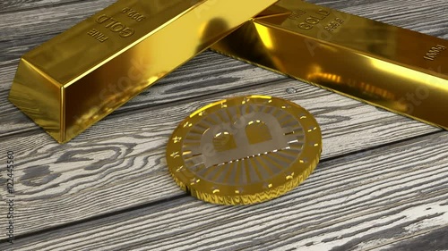 rotating golden bitcoin beside gold bars on the planks, 3d rendering
