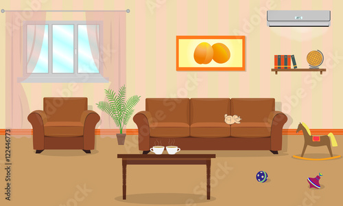 Living room interior in orange colors  including a sofa, armchai