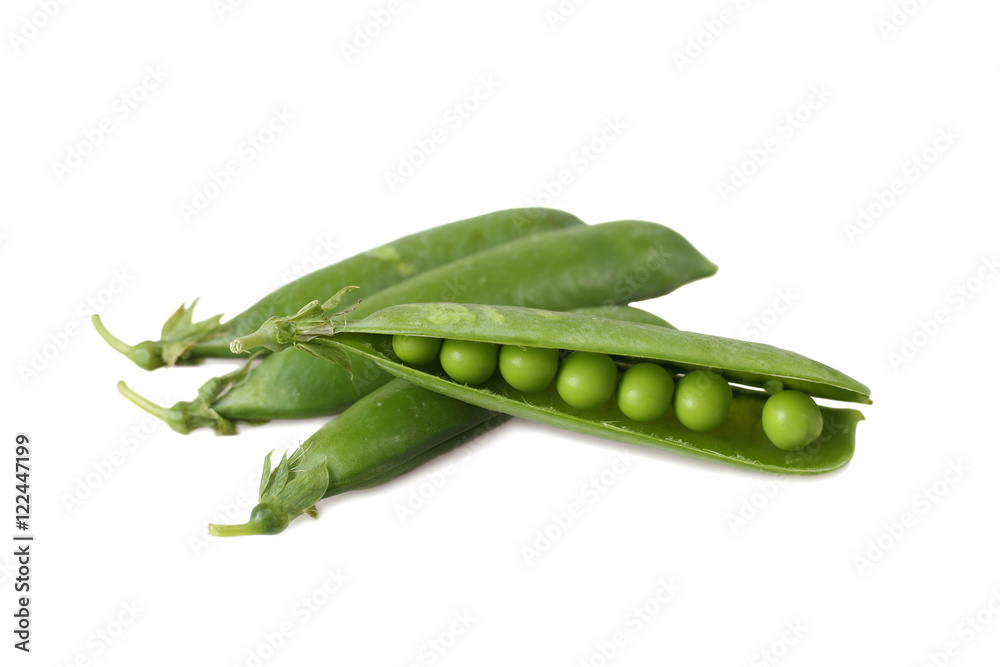 Pods of green peas close up isolated on white background with shadow Pods of green peas close up isolated on white background with shadow