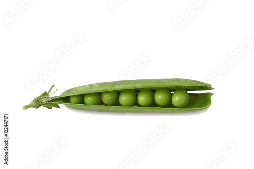 Pod of green peas close up isolated on white background with shadow