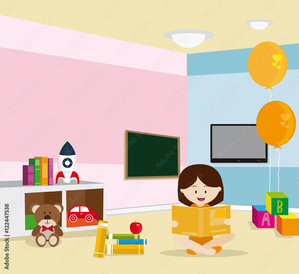 Menina lendo sentada no chão em um quarto com diversos brinquedos