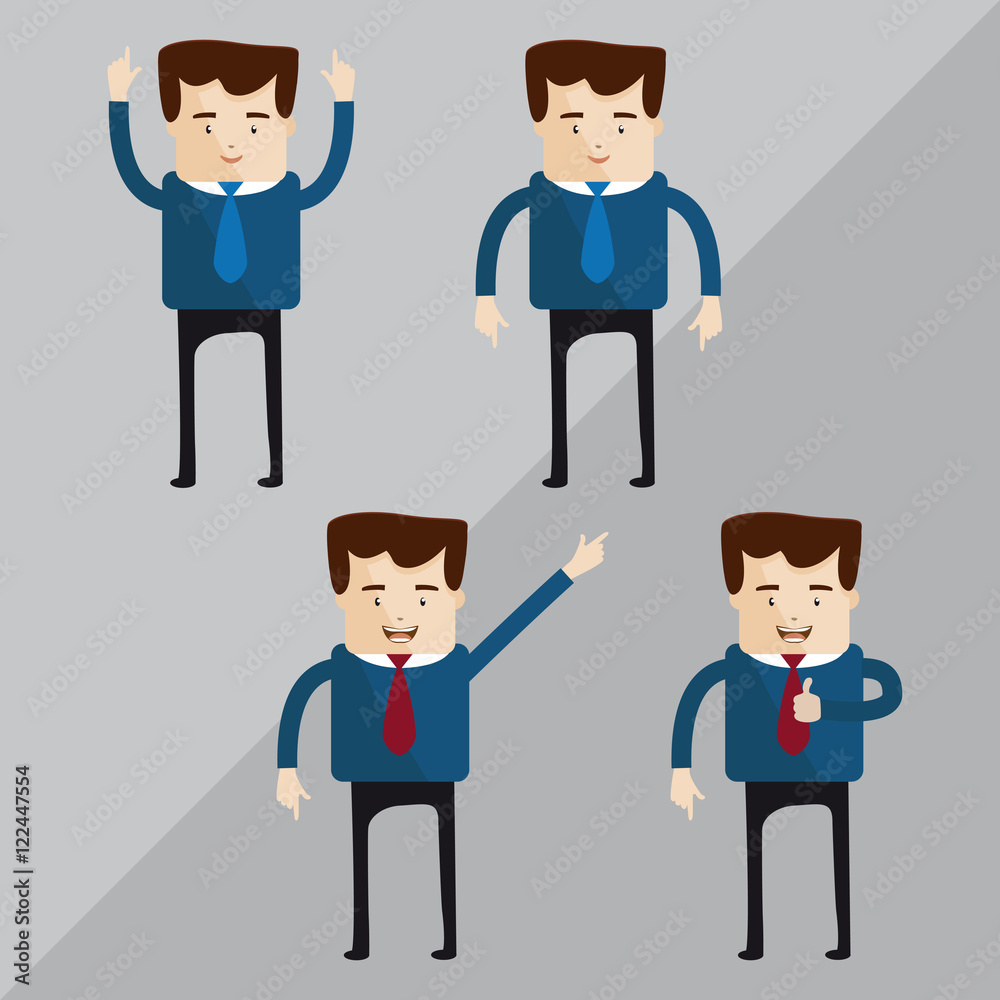 Quatro personagens com diferentes expressões e gestos do mundo administrativo. Quatro personagens com diferentes expressões e gestos do mundo administrativo.