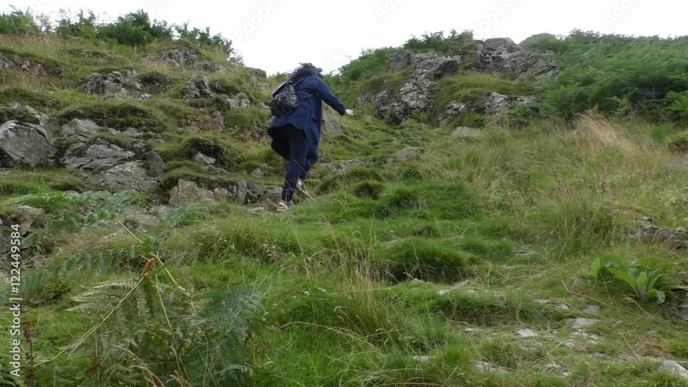 Woman with backpack climbing up grassy hill or mountain slope Woman with backpack climbing up grassy hill or mountain slope