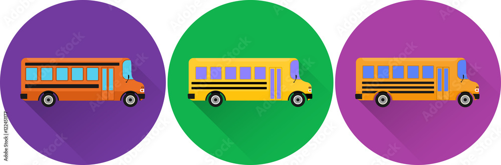 Set of flat icons school buses with long shadow on colorful backgrounds. Vector illustration. Set of flat icons school buses with long shadow on colorful backgrounds. Vector illustration.