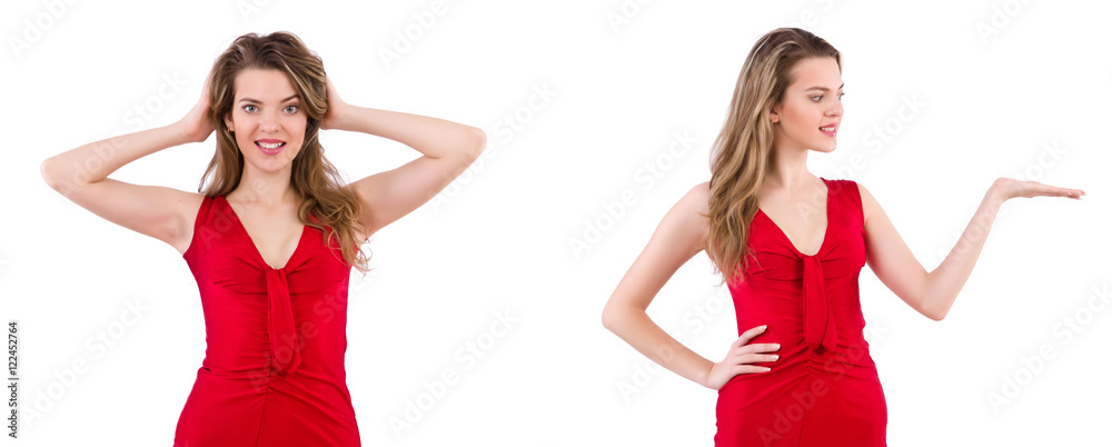 Young woman in red dress isolated on white Young woman in red dress isolated on white