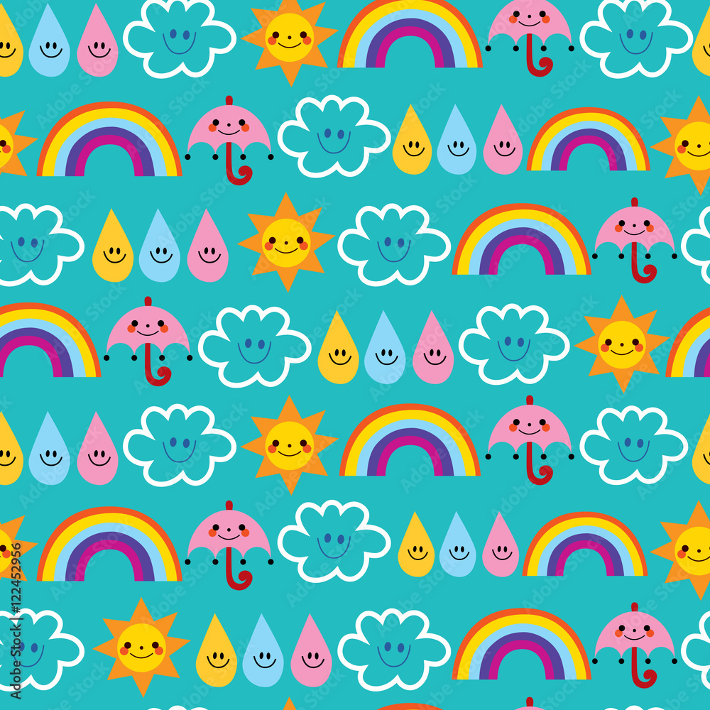 cute sun umbrella raindrop clouds rainbow characters seamless pattern