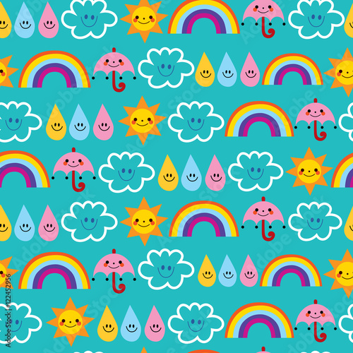 cute sun umbrella raindrop clouds rainbow characters seamless pattern
