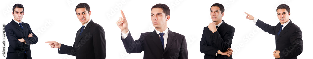 Businessman pressing virtual buttons on white Businessman pressing virtual buttons on white