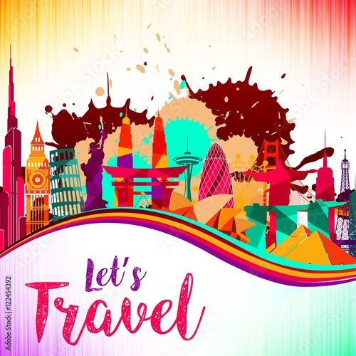 Travel and tourism on skyline background  splash paint violet and yellow, red, beautiful colorful architecture photo