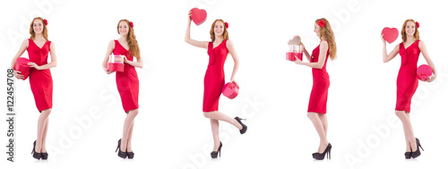 Red dress woman holding gift box isolated on white