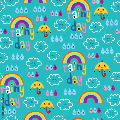 rainy day clouds rainbows umbrellas and raindrops sky seamless pattern