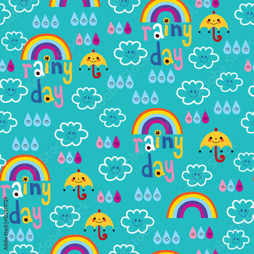 rainy day clouds rainbows umbrellas and raindrops sky seamless pattern