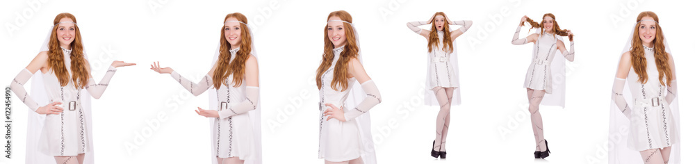 Pretty lady in light charming dress isolated on white Pretty lady in light charming dress isolated on white