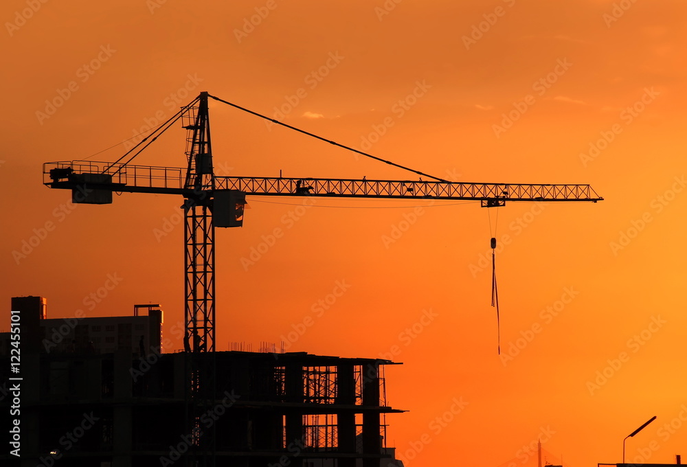 Silhouette Crane on Sunset Background
