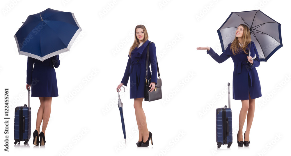 Woman with suitcase and umbrella isolated on white