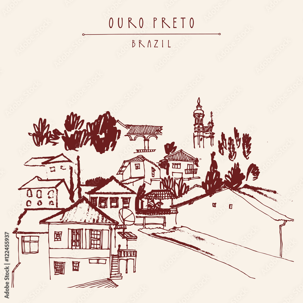 Fototapeta premium Houses and churches on the hills of Ouro Preto gorgeous town, Minas Gerais state, Brazil, South America. Vintage hand drawn postcard, book illustration or poster
