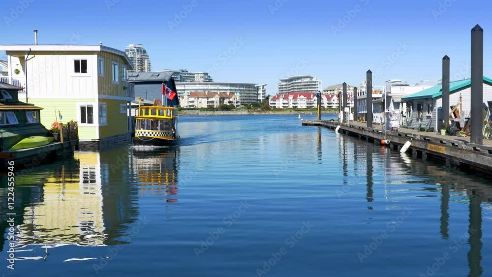 4K Harbor Ferry Taxi Sails into Dock past Houseboats, Fishermans Wharf Victoria 4K Harbor Ferry Taxi Sails into Dock past Houseboats, Fishermans Wharf Victoria