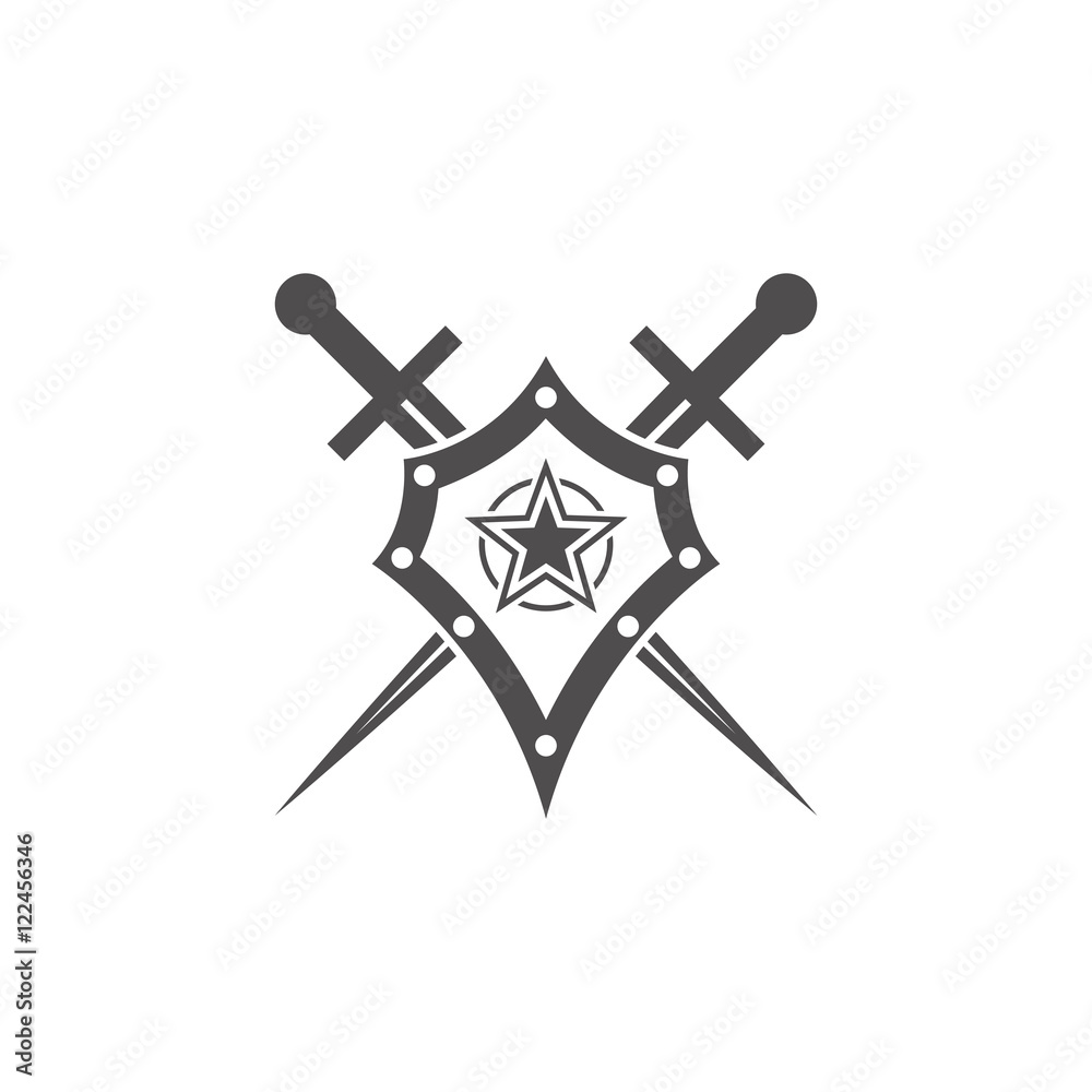 Abstract vector icon - shield and sword.Black shield and sword on a white background. Abstract vector icon - shield and sword.Black shield and sword on a white background.