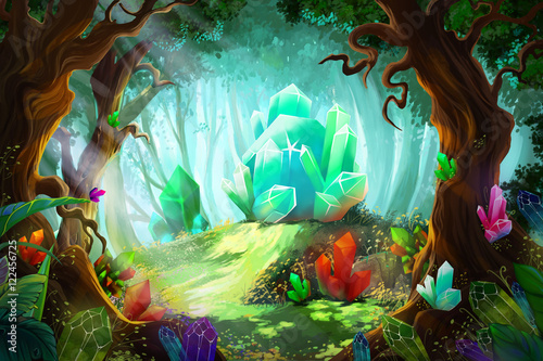 The Legend of Diamond and Crystal Forest. Video Game's Digital CG Artwork, Concept Illustration, Realistic Cartoon Style Background
