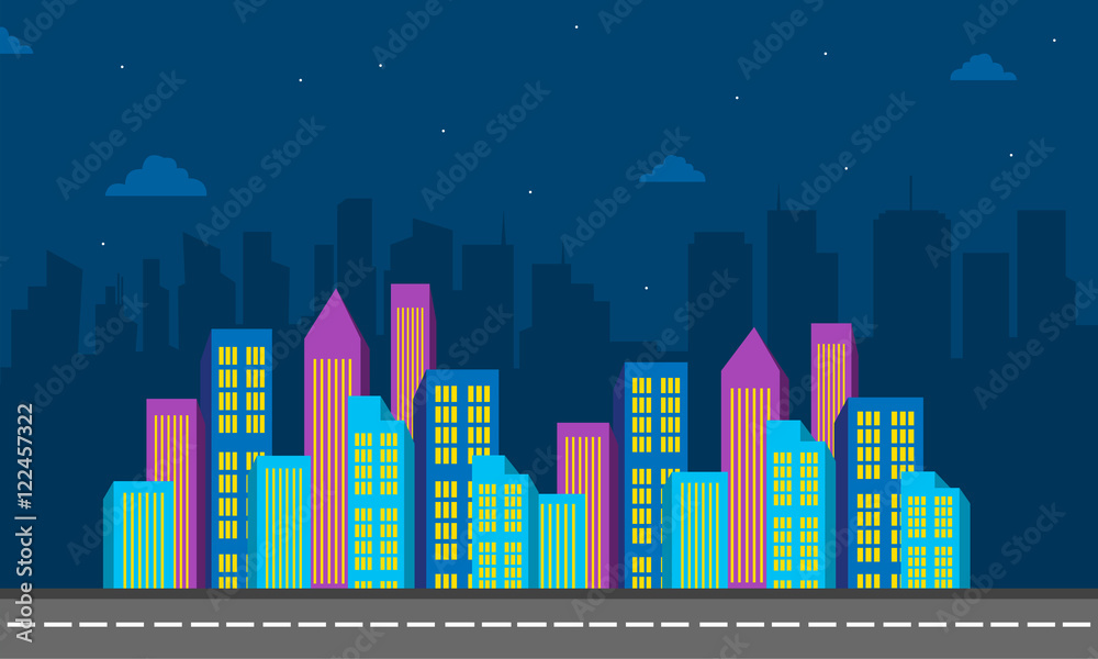 Plakat City cuilding color at night of silhouette