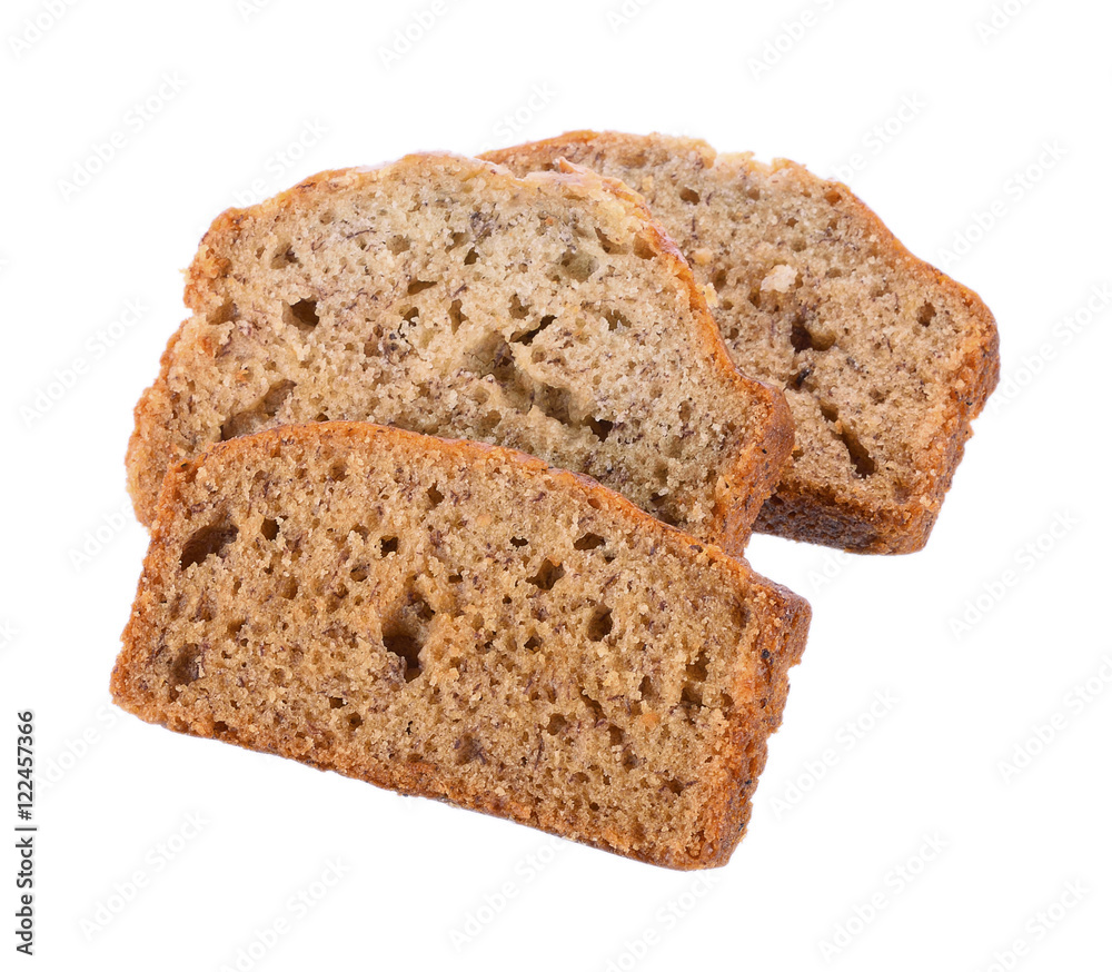 Almond banana bread on white background Almond banana bread on white background