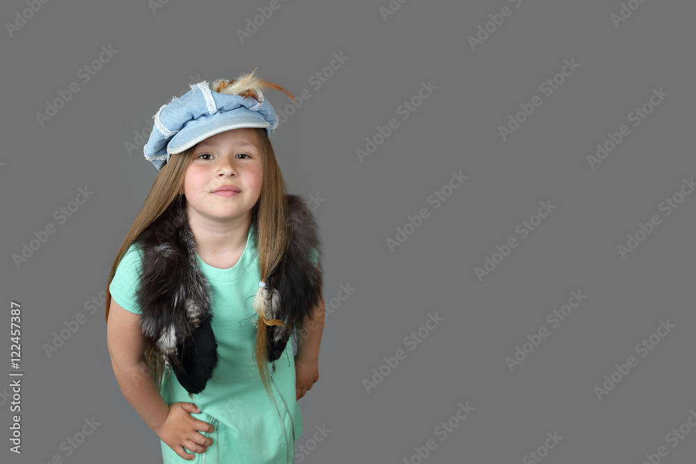 Cute little model girl posing isolated on dark gray background with copy space/place for text message - Children fashion and beauty concept Cute little model girl posing isolated on dark gray background with copy space/place for text message - Children fashion and beauty concept