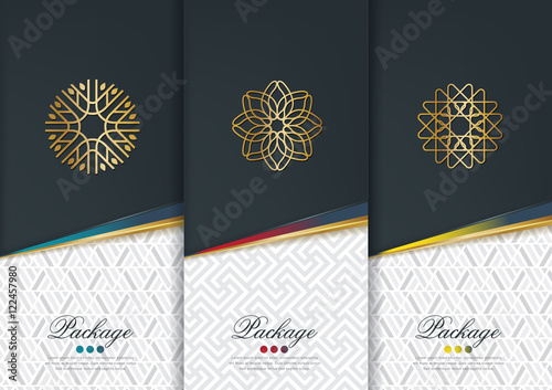 Vector set of templates packaging,black labels and frames for packaging for luxury products in geometric trendy linear style,identity,branding,golden pattern in trendy linear style,vector illustration