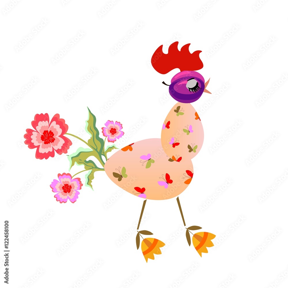 Obraz premium Funny cock of two eggs, plum and flowers. Childish design. Chinese year of the rooster. 2017. Drawing for children. Vector image. Greeting card.
