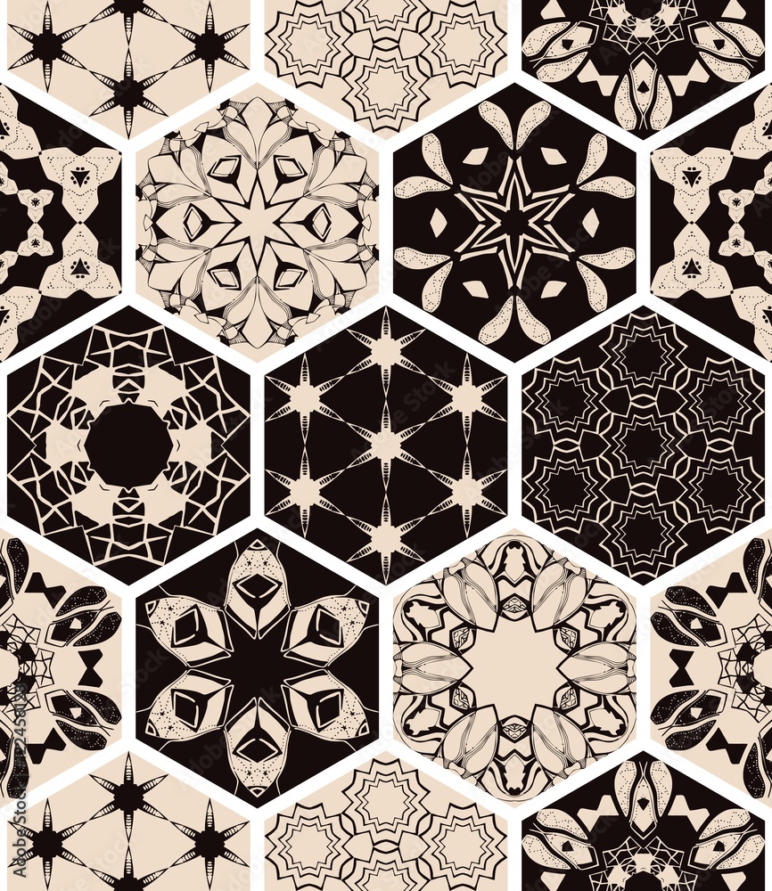 Monochrome oriental seamless patchwork pattern. Hexagonal ceramic tile. Boho shic style. Vector illustration. - obrazy, fototapety, plakaty 