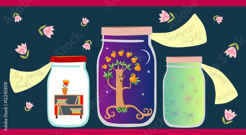 Allegorical vector illustration. My favorite books, summer night and summer scents in glass jars on dark background. Vitamins for the Soul.
