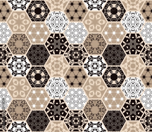 Luxury oriental hexagonal ceramic tiles. Colorful floral seamless pattern. Patchwork background with rich flower ornament and mandala. Portuguese moroccan motif.