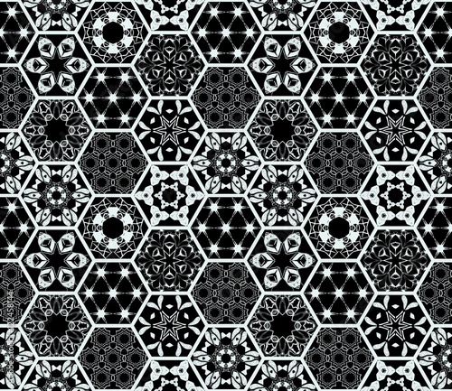 Black and white oriental seamless patchwork pattern. Hexagonal ceramic tile. Vector image.