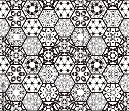 Oriental seamless patchwork pattern. Hexagonal ceramic tile. Black and white. Vector illustration.