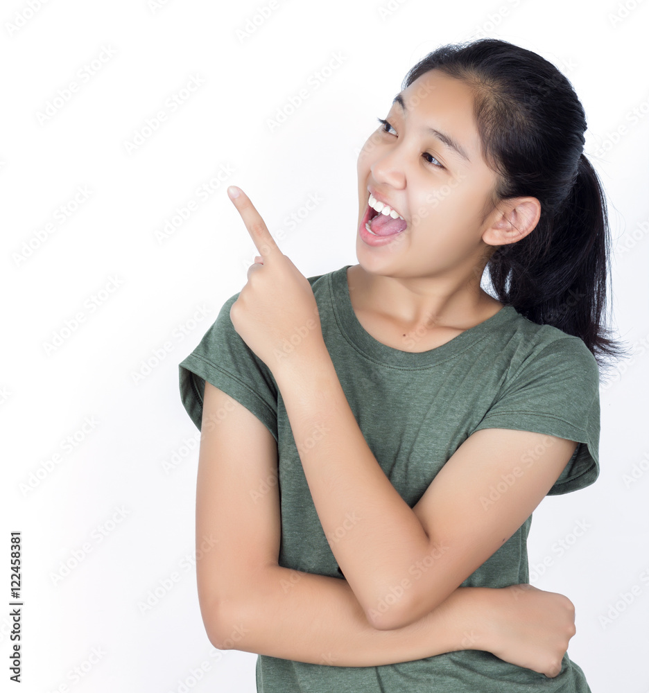 Happy thoughtful cute woman pointing finger up isolated on a whi Happy thoughtful cute woman pointing finger up isolated on a whi