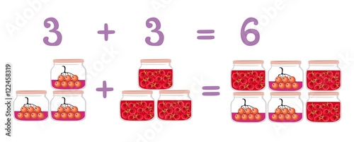 Mathematical examples in addition to fun glass jars. Vector illustration. Educational game for children. Numbers three and six. Rowan and raspberry jam.