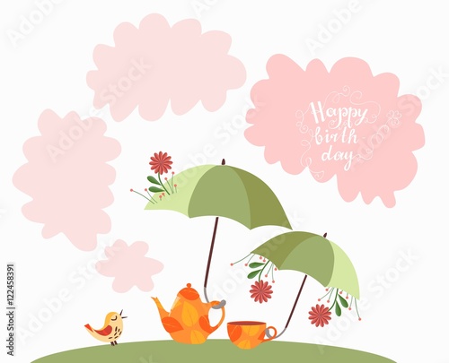 Greeting card Happy birthday. Cute cartoon teapot and teacup with umbrellas and flowers, little bird and pink clouds. Vector illustration.