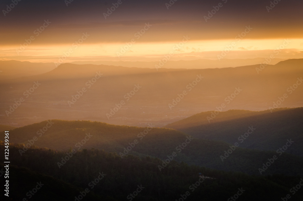 Colorful spring sunset over the Blue Ridge Mountains, seen from