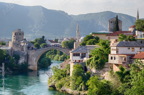 Reconstructed Old Bridge of Mostar on river Neretva. Bosnia and