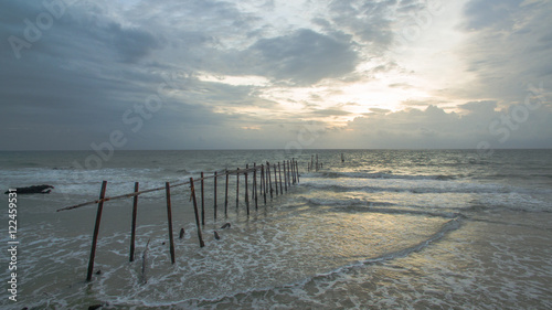 aerial photography the old broken pier made by wood in the Andaman sea locate on Phang Nga province Thailand