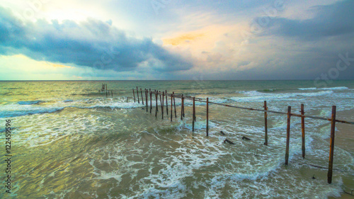 aerial photography the old broken pier made by wood in the Andaman sea locate on Phang Nga province Thailand