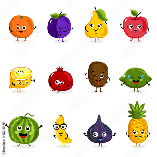 Cartoon funny fruits characters isolated on white background vector illustration. Funny fruit face icon.
