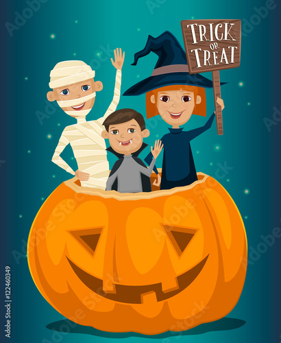 Kids in Halloween costumes mummies, vampire and witches are sitting in a pumpkin with sign Trick or Treat. Kids in Halloween festive design concept. Beggars Night october holiday. All Hallows Evening.