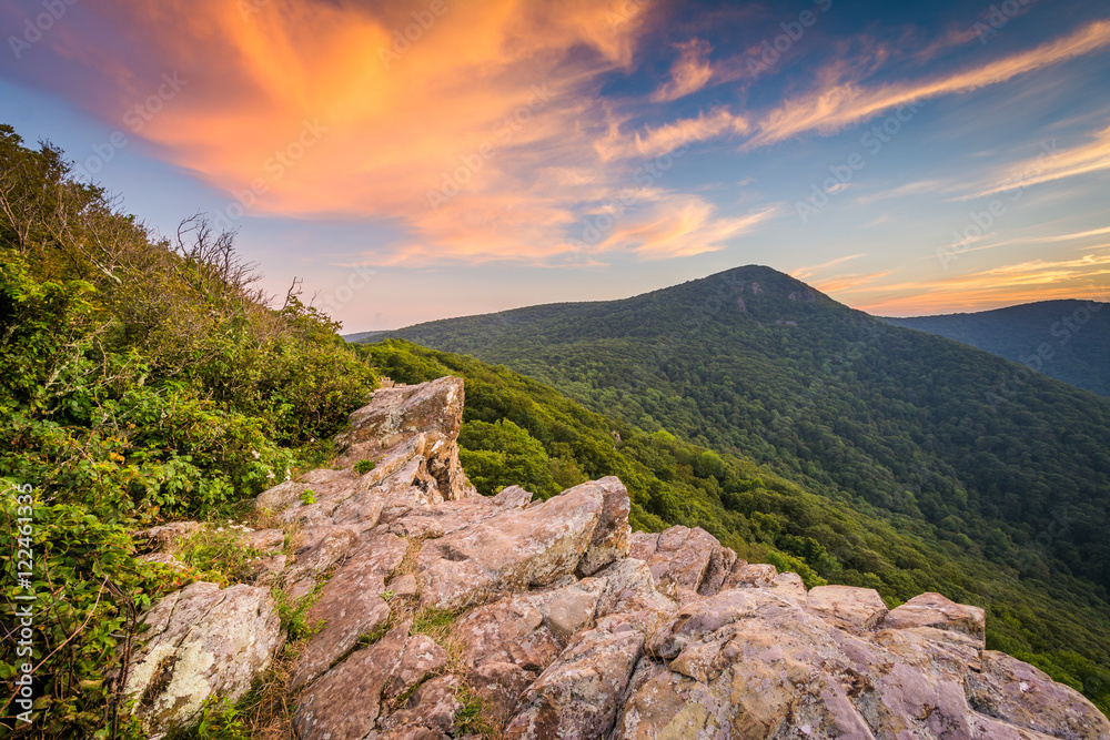 View of Hawksbill Mountain at sunset, from Crescent Rock, in She