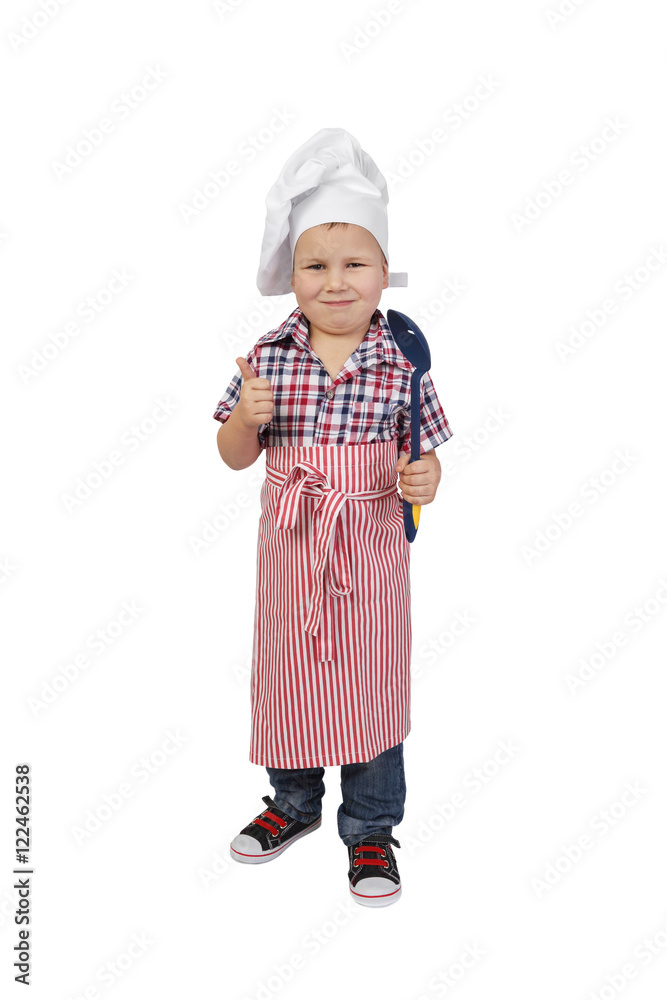 Little boy in cook chef hat and big spoon in hand shows thumb up - full height portrait isolated on white background - cuisine Little boy in cook chef hat and big spoon in hand shows thumb up - full height portrait isolated on white background - cuisine