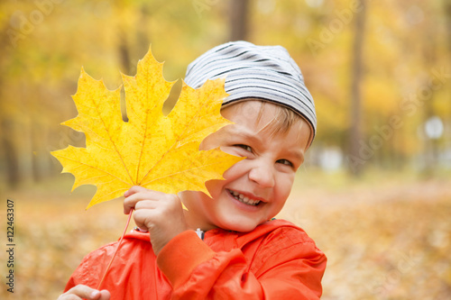 happy little boy have fun playing with fallen golden leaves